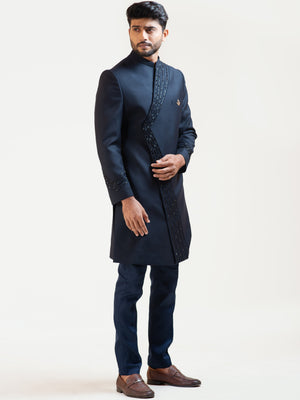 Midnight Blue Pintucks Achkan Coat Set - S image