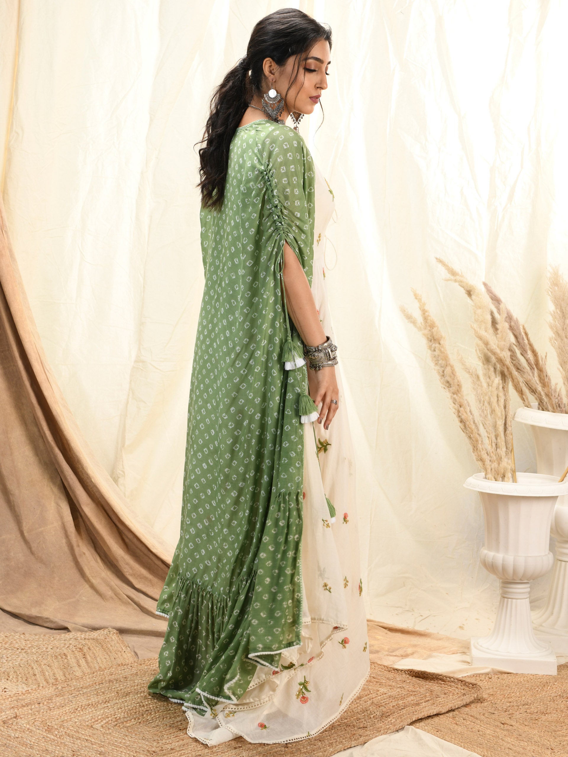 Olive Bandhni Kurta and Cape Set image 1