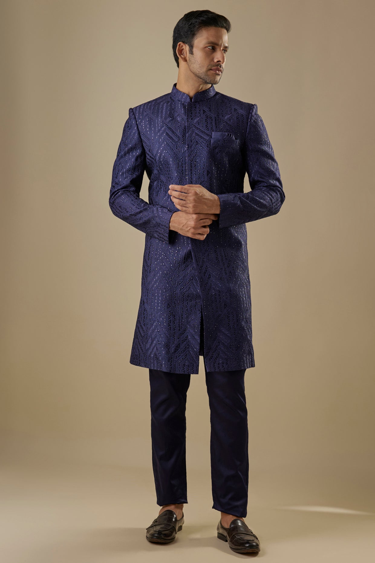 Navy Blue Geometric Embroidered Sherwani Set image 0