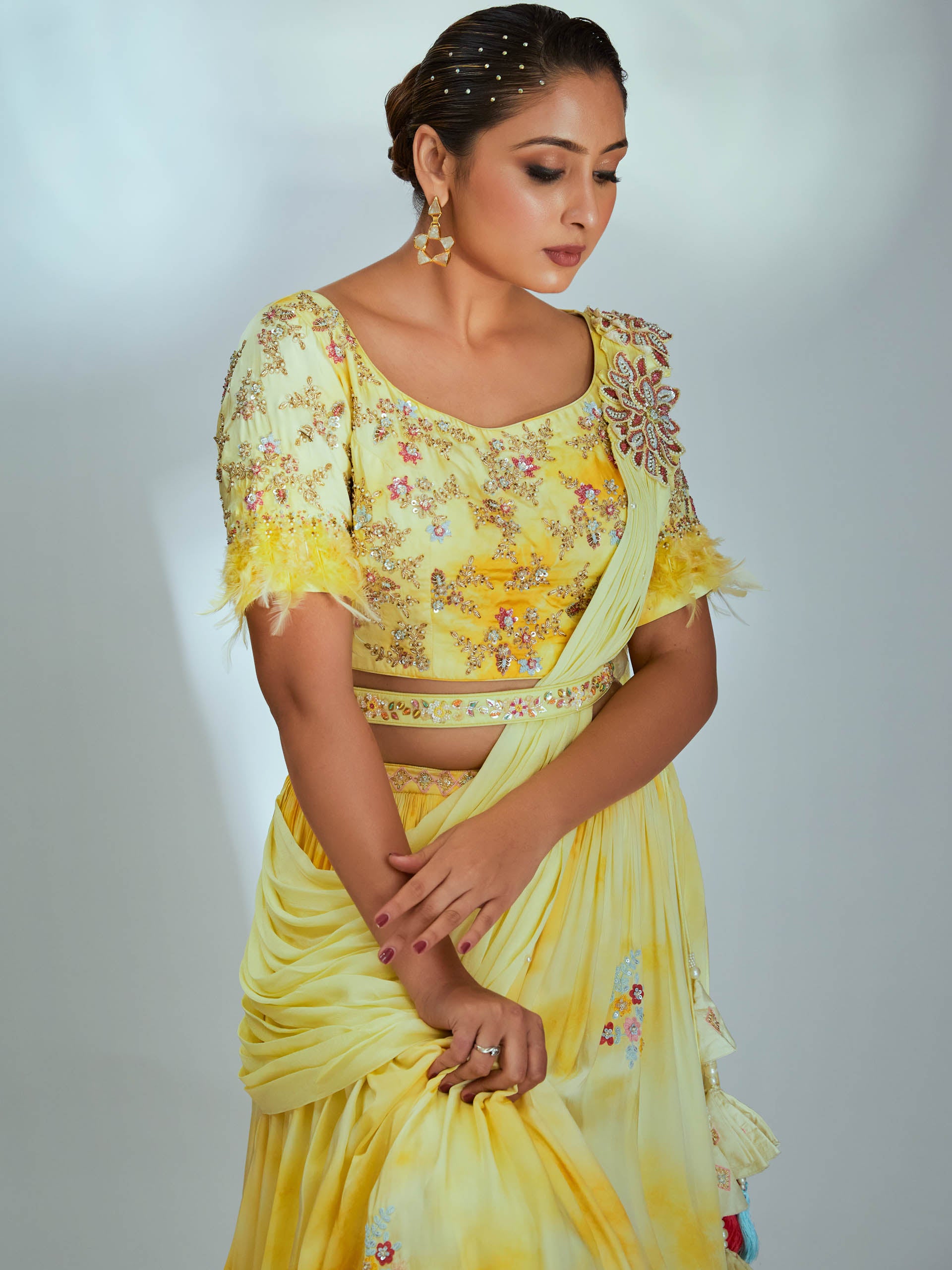 Yellow Tie Dye Floral Pre Draped Dupatta Set image 1