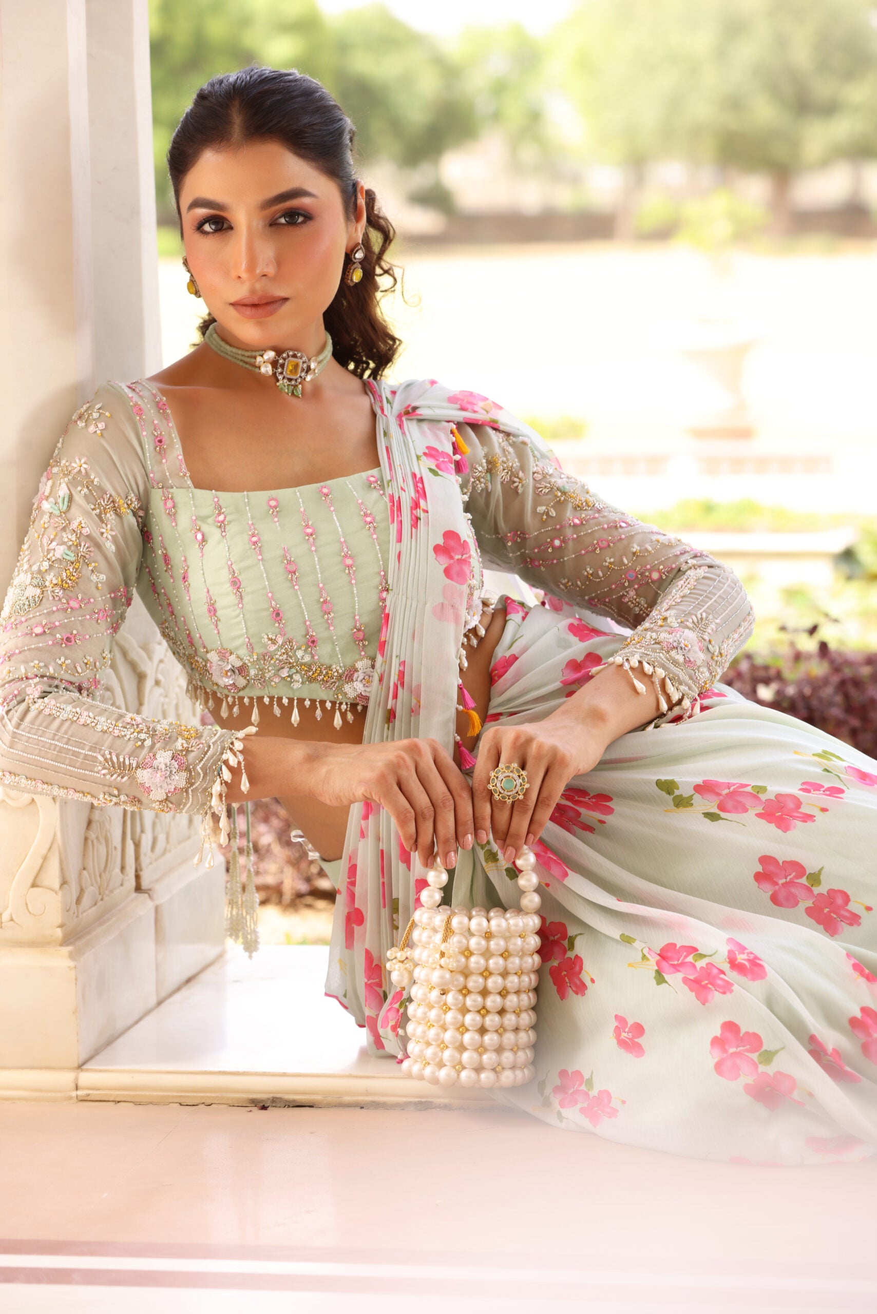 Floral Printed Pre-Drape Saree image 19