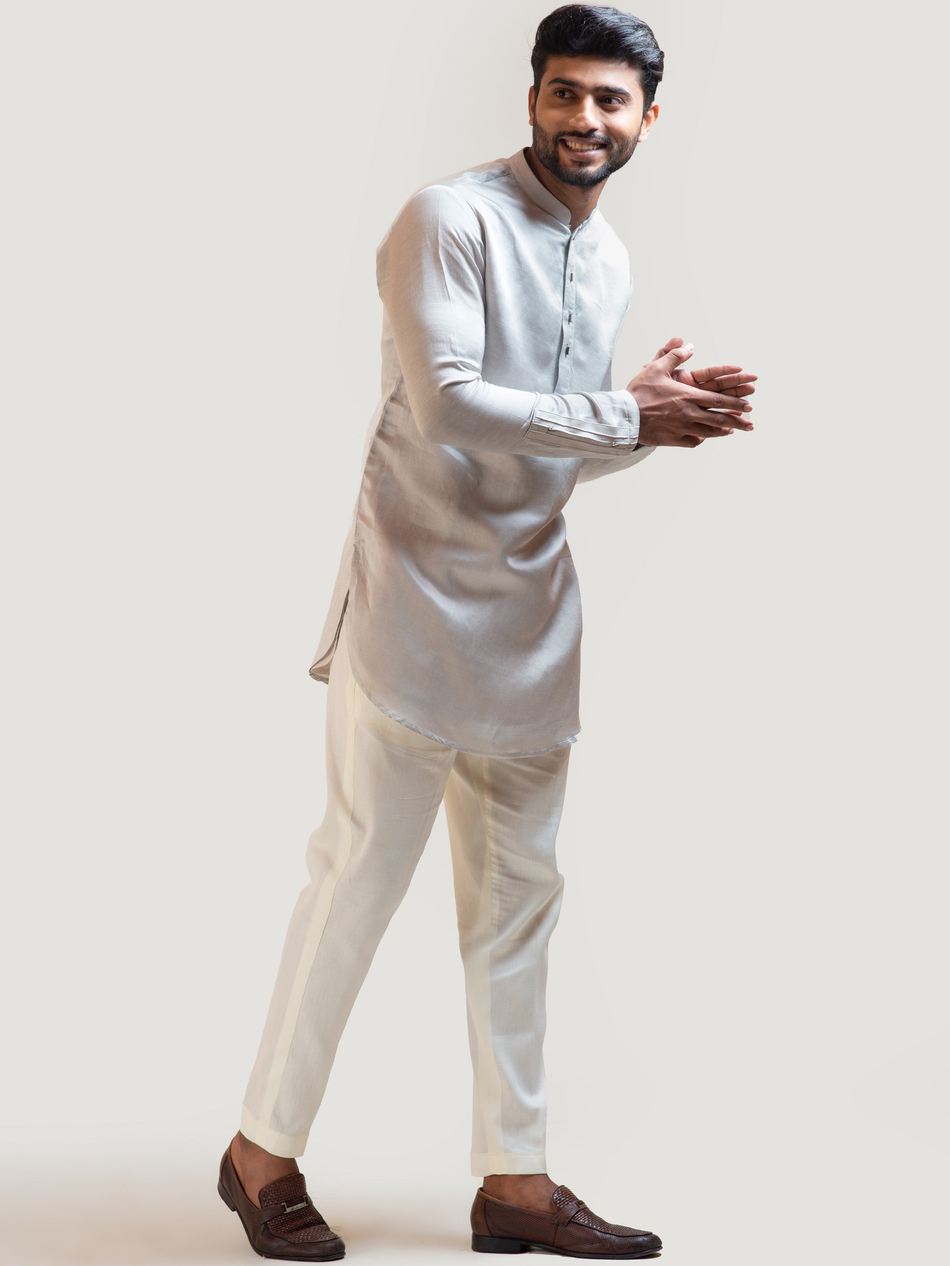 Grey Pintucks Short Kurta Set - L image