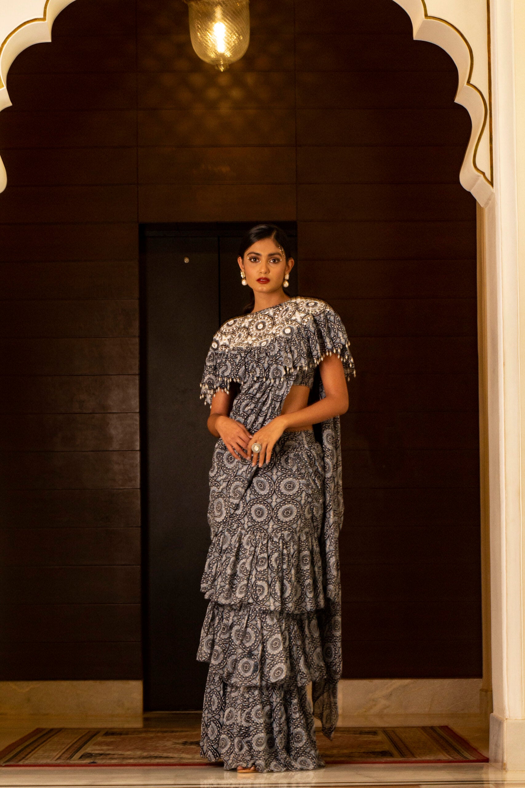 Blue Printed Skirt Saree Set - L image
