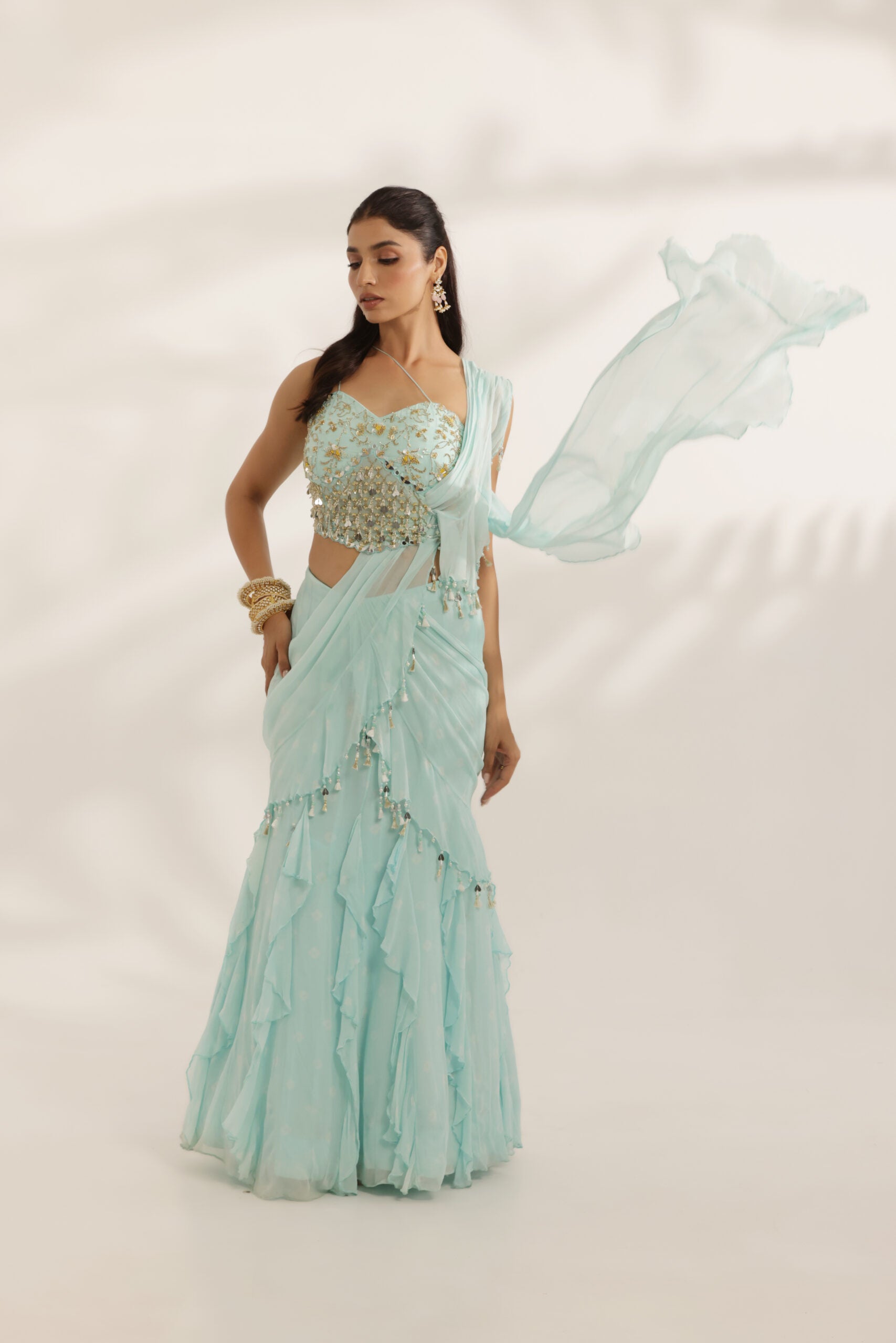 Sky Blue Ruffled Lehenga With Attached Pallu - L image