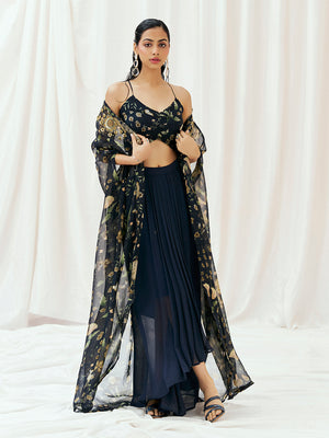 Navy Blue Printed Embroidered Drape Skirt Set with Cape - L image