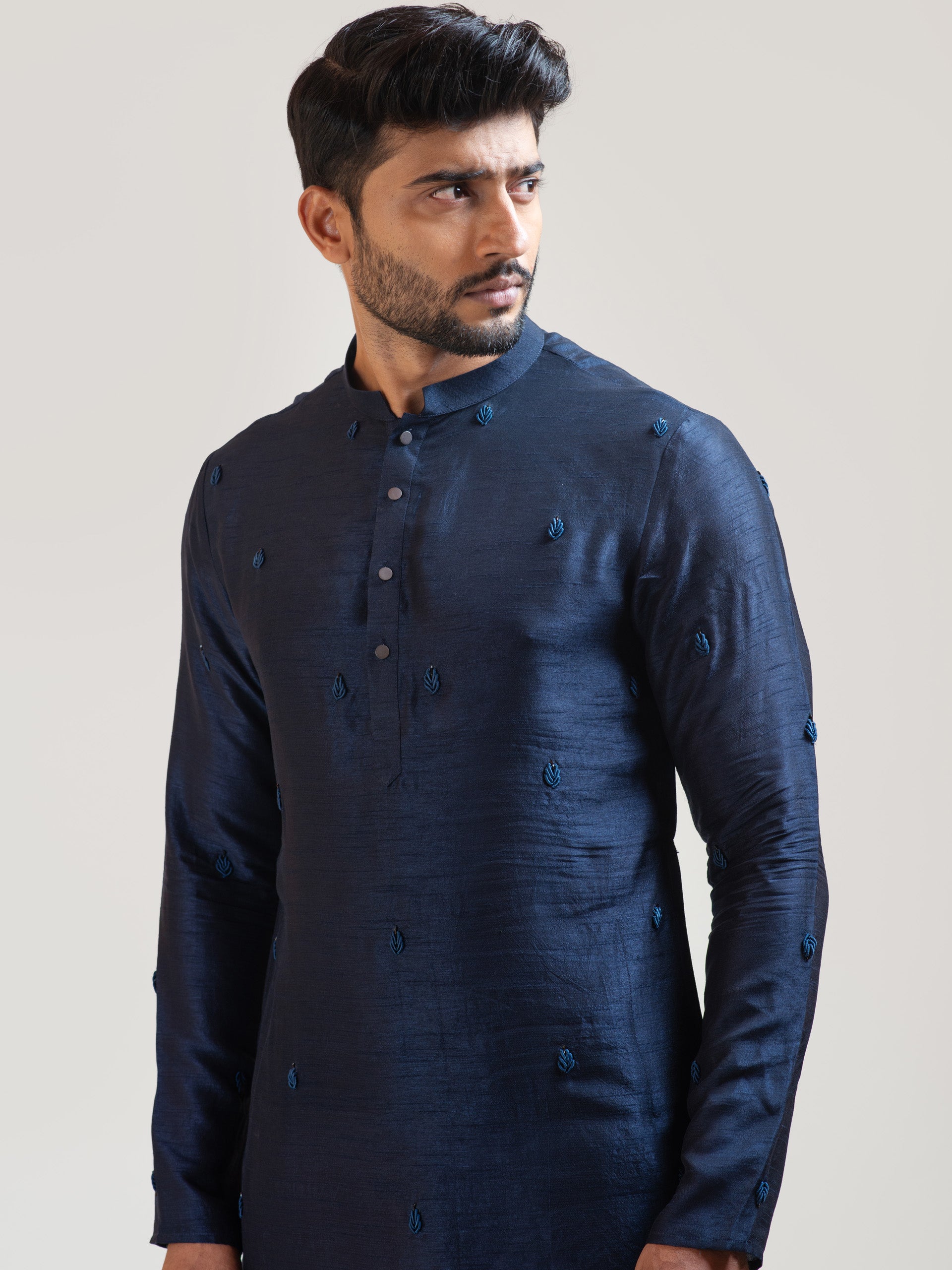 Navy Blue Bullion Leaf Kurta Set image 1