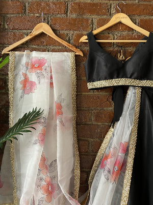 Black Raw Silk Lehenga Set with Hand Painted Dupatta image 2