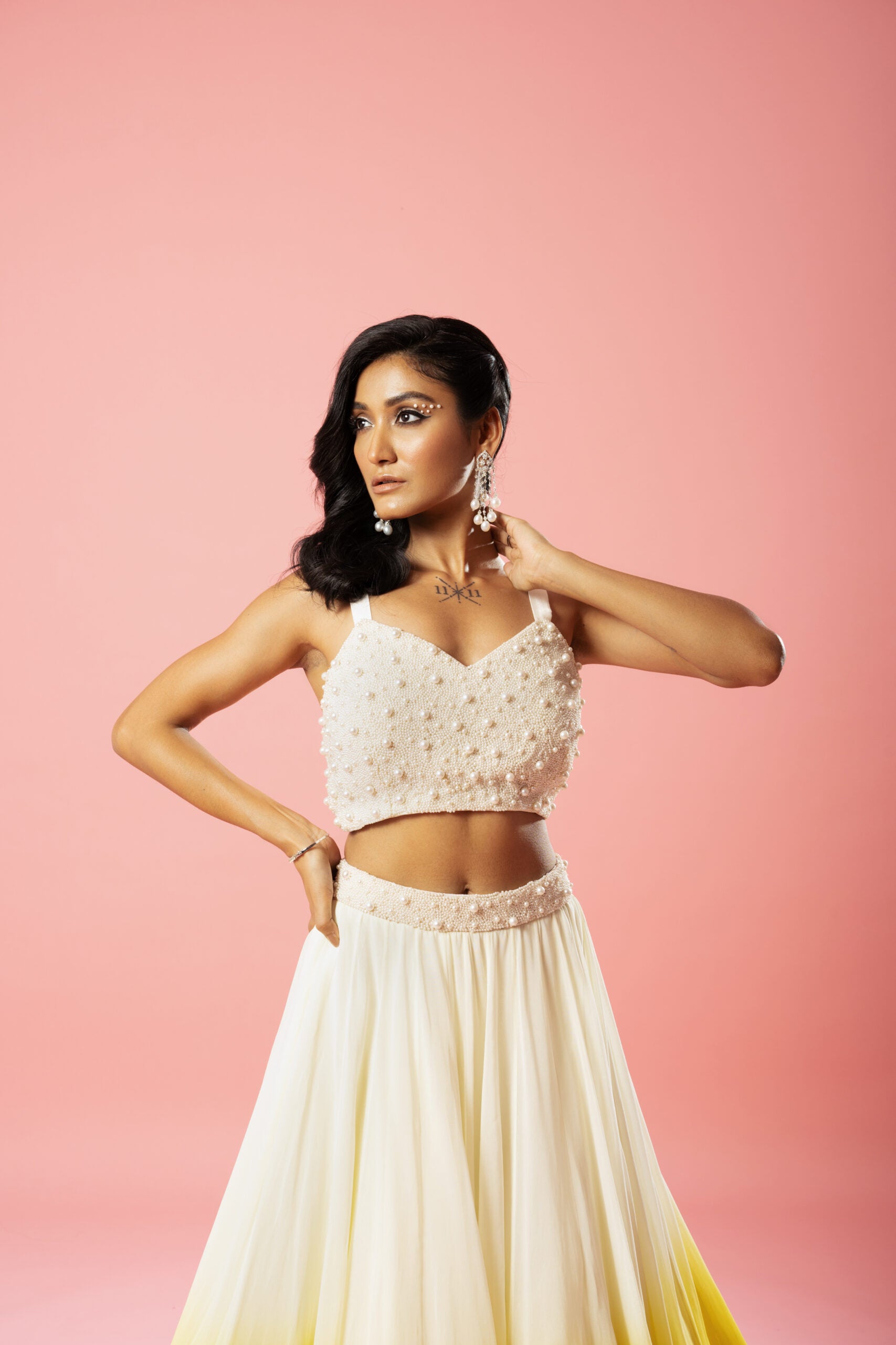 Ivory And Sunshine Yellow Georgette Lehenga Set image 2