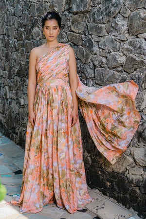 Coral Peach Printed &amp; Pleated Jumpsuit image 2