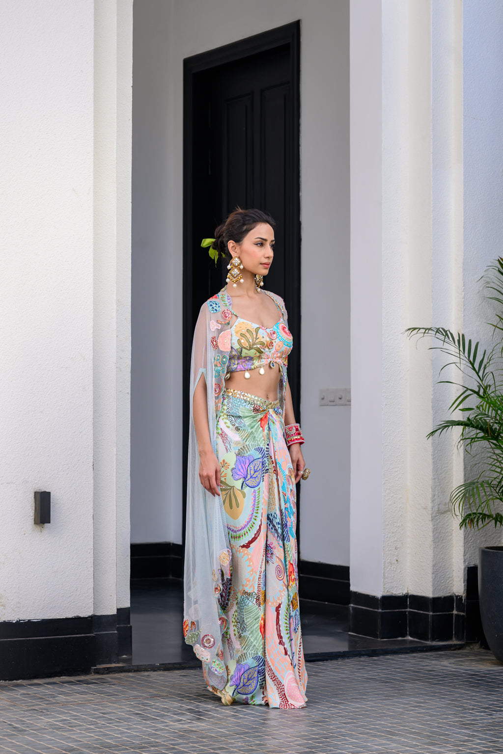 Gardenia Dhoti Skirt Set Paidawn With Highlighted Bralette With Highlighted Applique Cape image 3