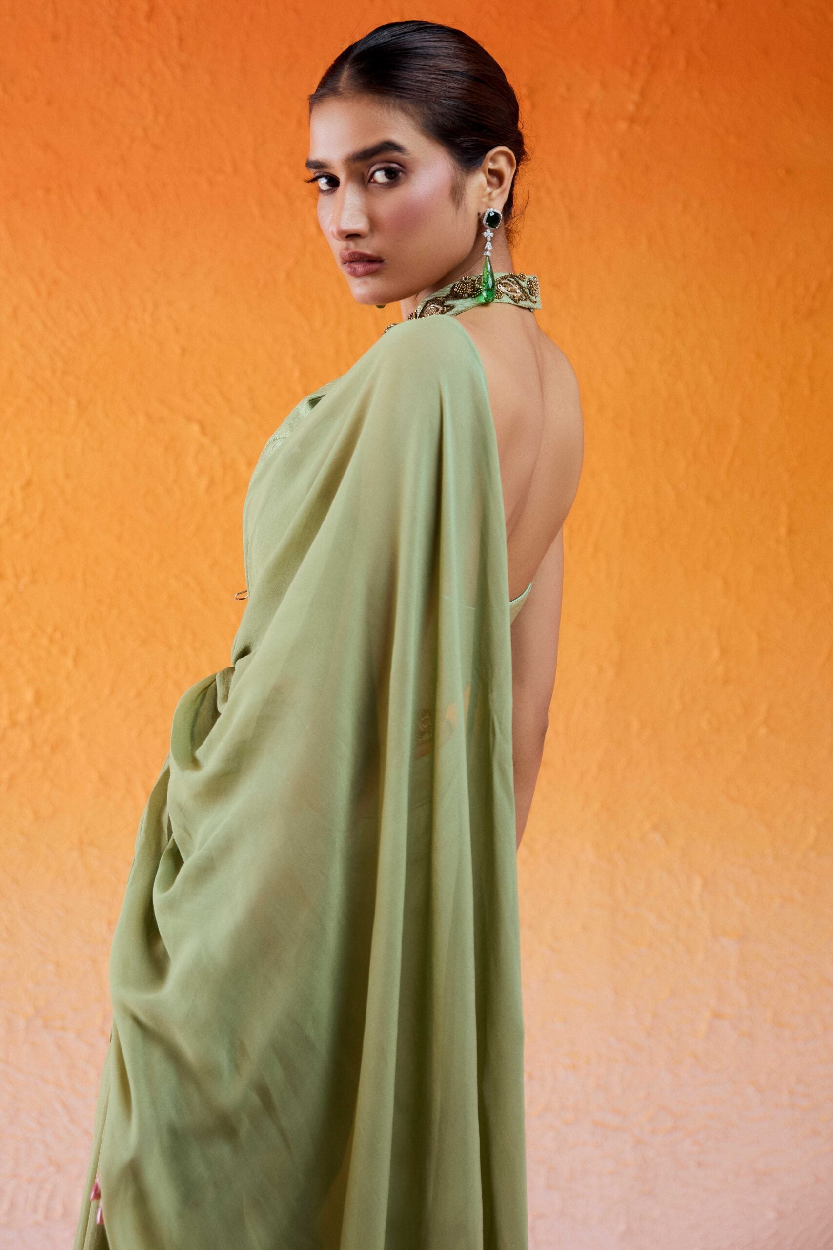 Pista Green Embroidered Drape Saree Set with Belt image 8