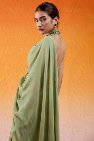 Pista Green Embroidered Drape Saree Set with Belt image 8