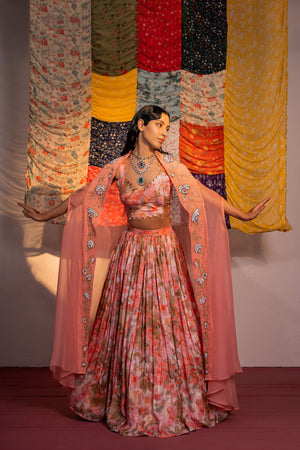 Coral Pink Embroidered And Printed Lehenga Set - XL image