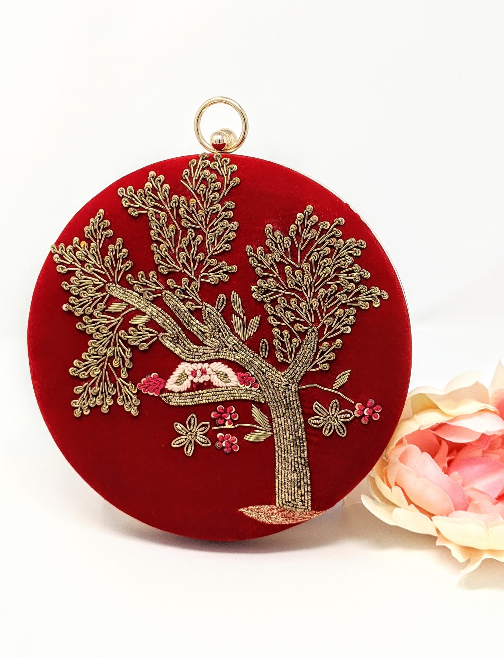 Red Round Embroidered Clutch image 4