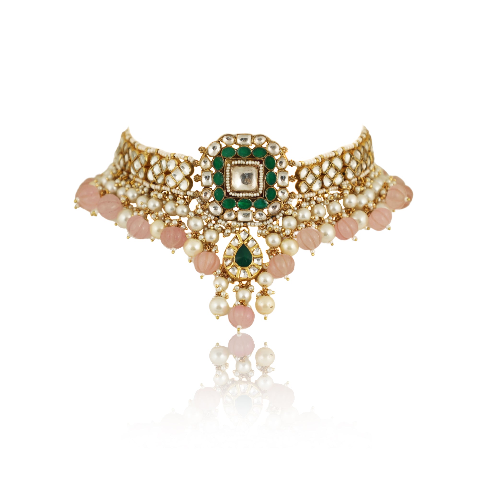 Green And White Choker Necklace Set With Pearls image 1
