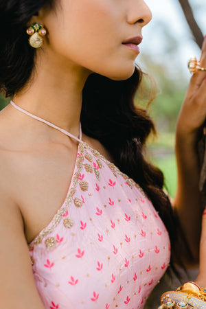 Blush Pink Floral Embroidered Crop-Top and Flared Skirt Set image 4