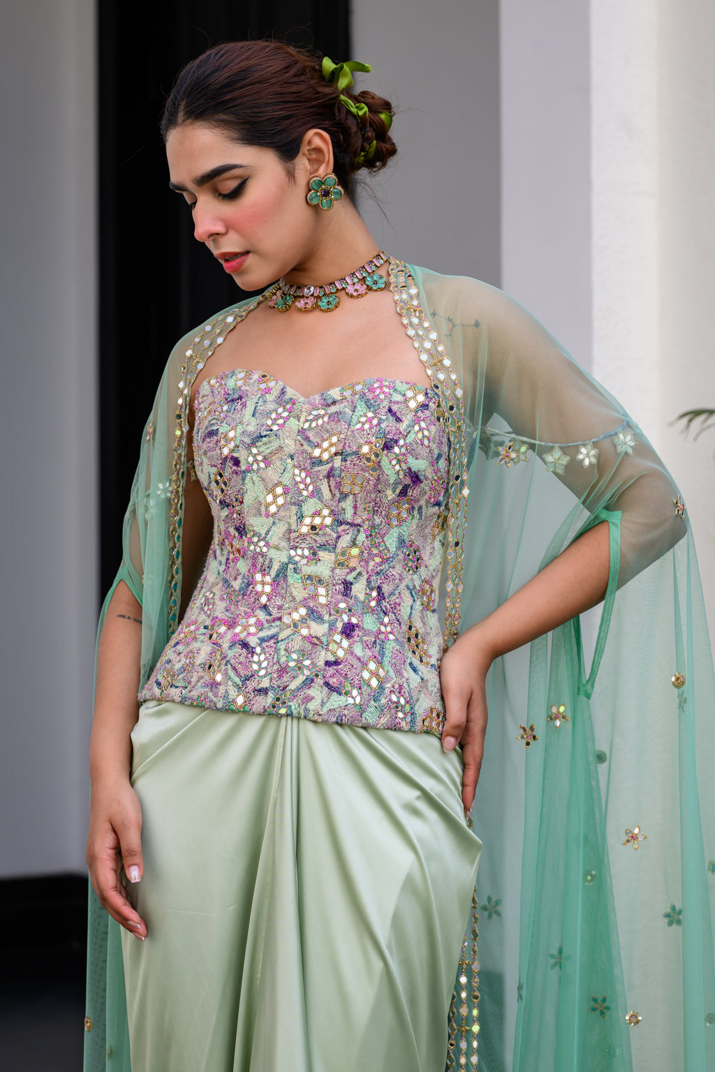 Eden Textudawn Corset With Mirror Work Paidawn With Dhoti Skirt And Cape Set image 2