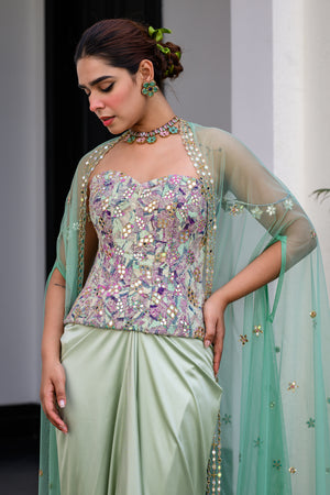 Eden Textudawn Corset With Mirror Work Paidawn With Dhoti Skirt And Cape Set image 2