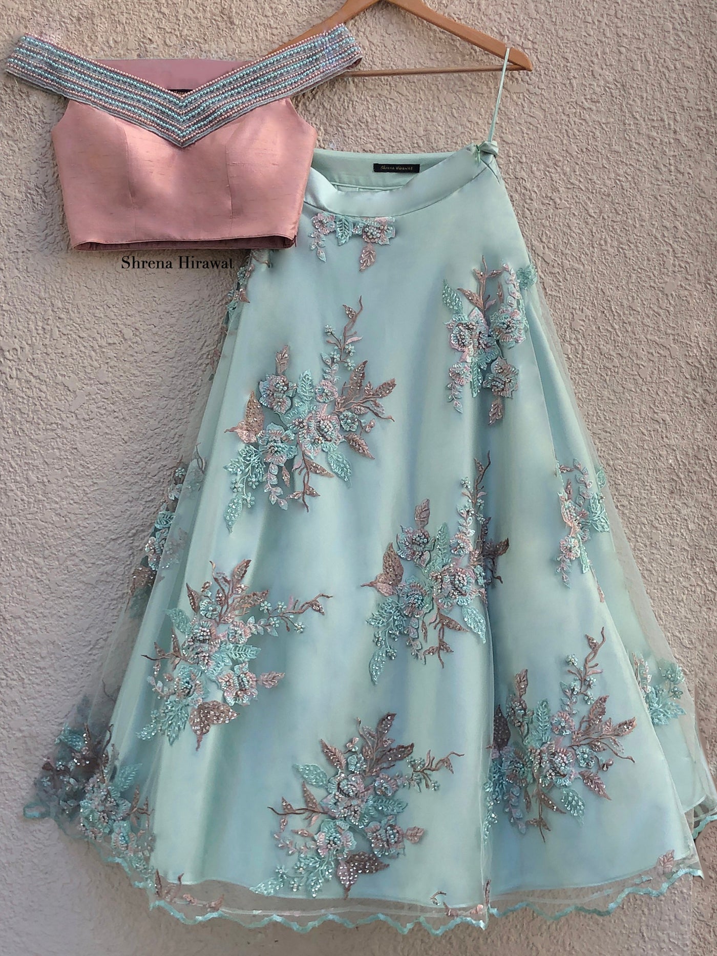 Pink Off-Shoulder Blouse With Sage Green Lehenga - S image