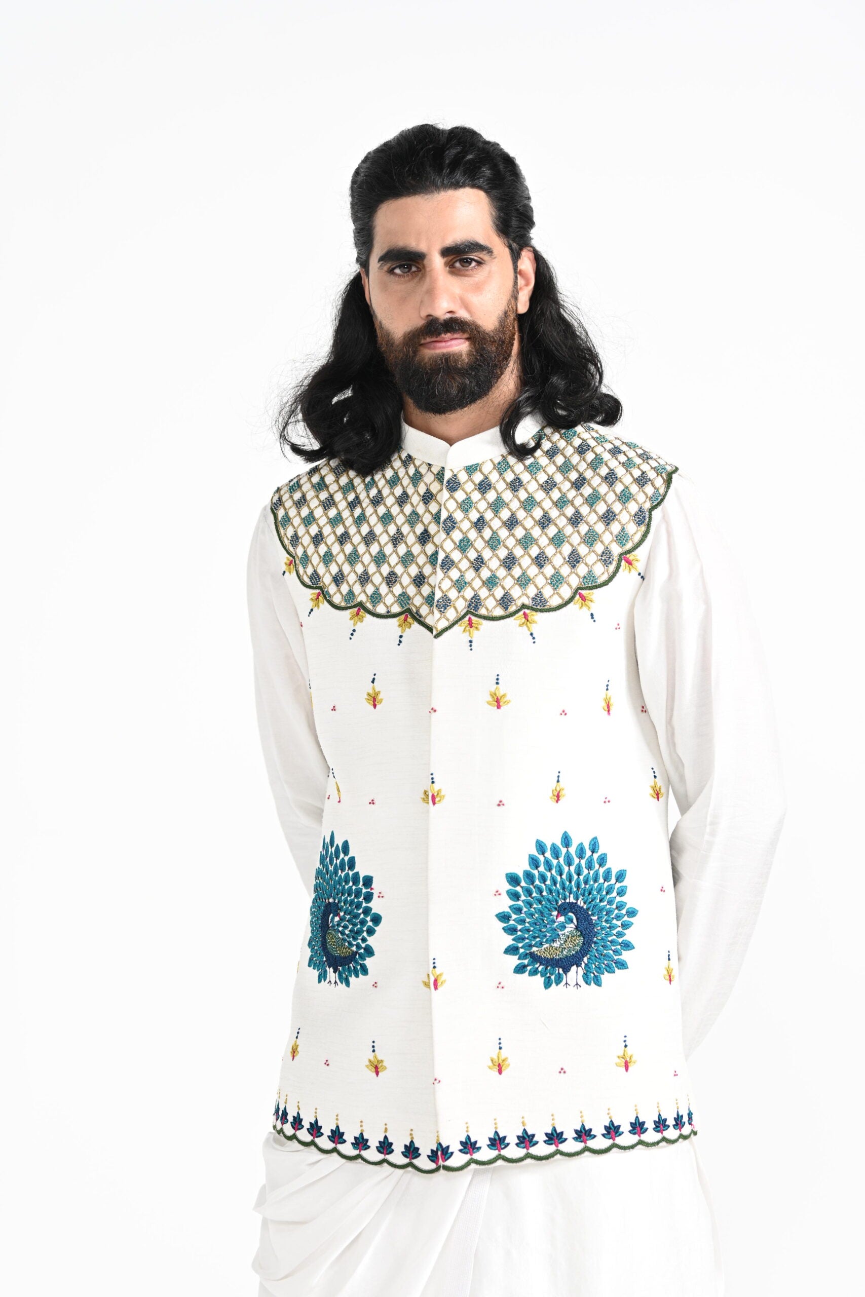 Rajasthani Peacock Work Nehru With a Drape Kurta Set image 1