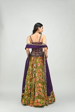 Olive Highlihted Lehenga Paired With Plum Embroidered Badla Corset (with dupatta) image 6