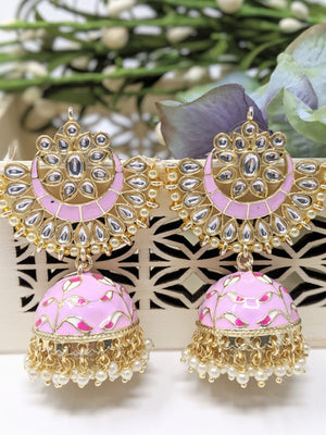 Meenakari Crescent Jhumka - Baby Pink image