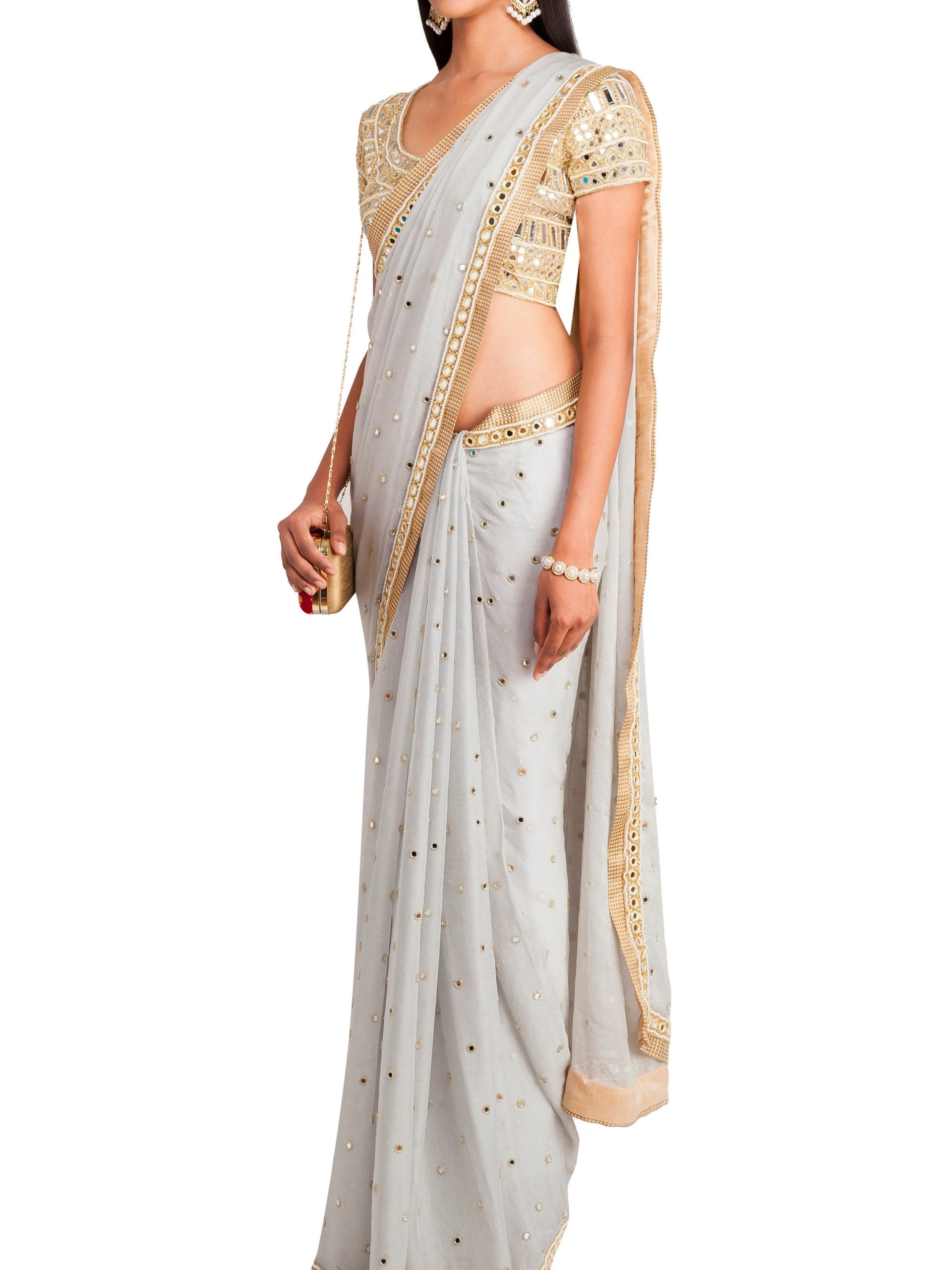 Shimmer Gray Mirror Work Saree with Blouse image 1