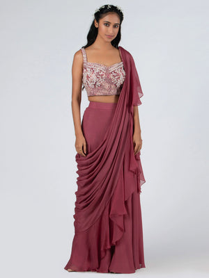 Pre Drape Mauve Ruffle Saree Set image 0
