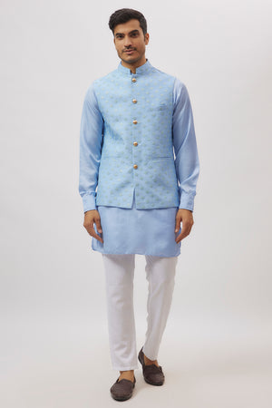 Sky Blue Embroidered Jacket Kurta Set - M image