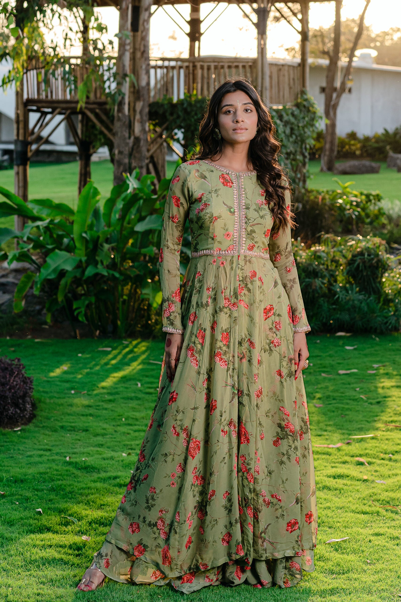 Pista Green Embroidered &amp; Printed Anarkali Suit Set image 0