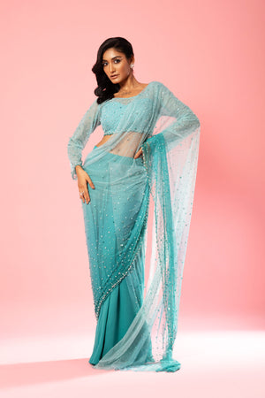 Teal And Powder Blue Embroidered Saree - XL image