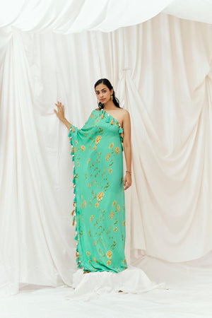 Turquoise Blue Printed Beaded Kaftan - S image