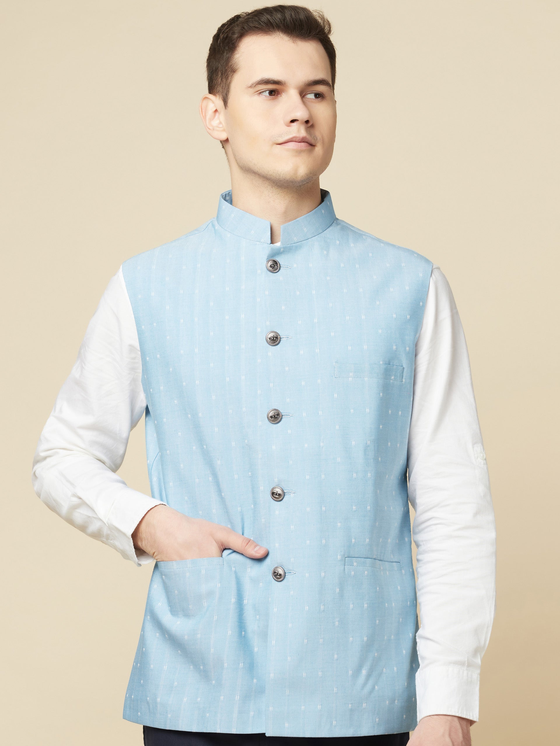 Sky Blue Printed Bundi Jacket Set - S image