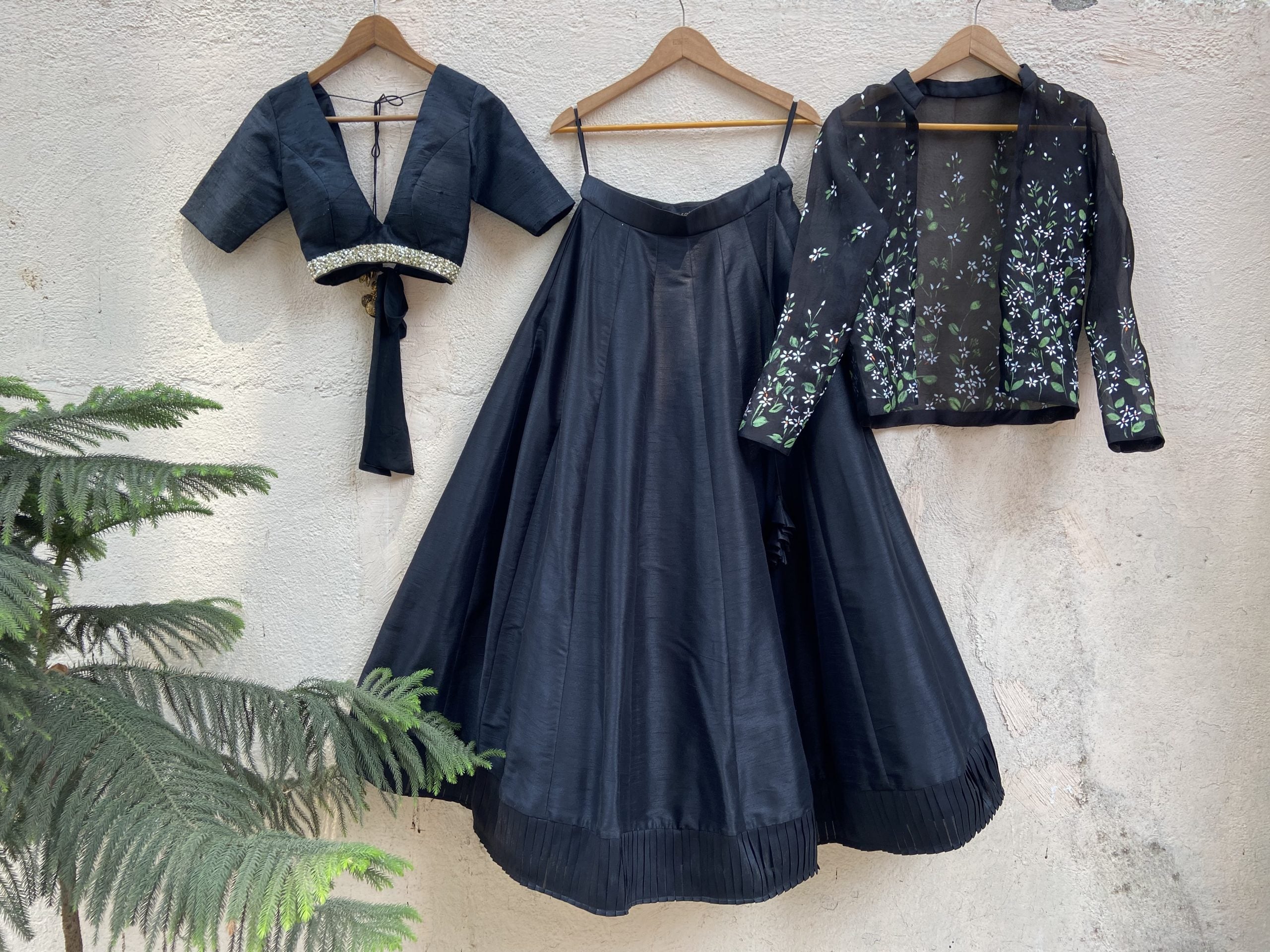 Black Raw Silk Lehenga Set with Handprinted Jacket image 2